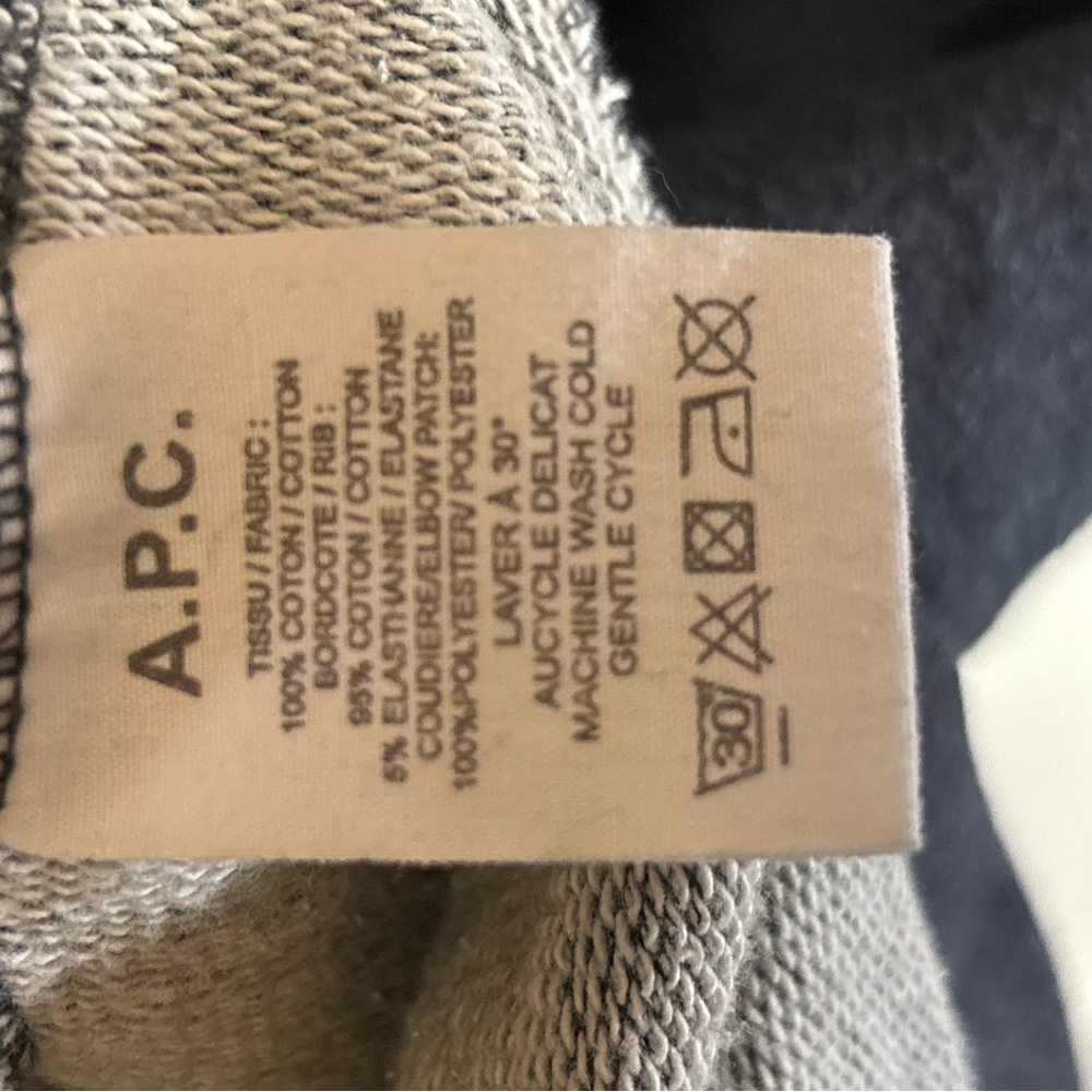 A.P.C. Rue Madame Charcoal Blue Sweatshirt w/ Leather Elbow Patches XL - Picture 6 of 7